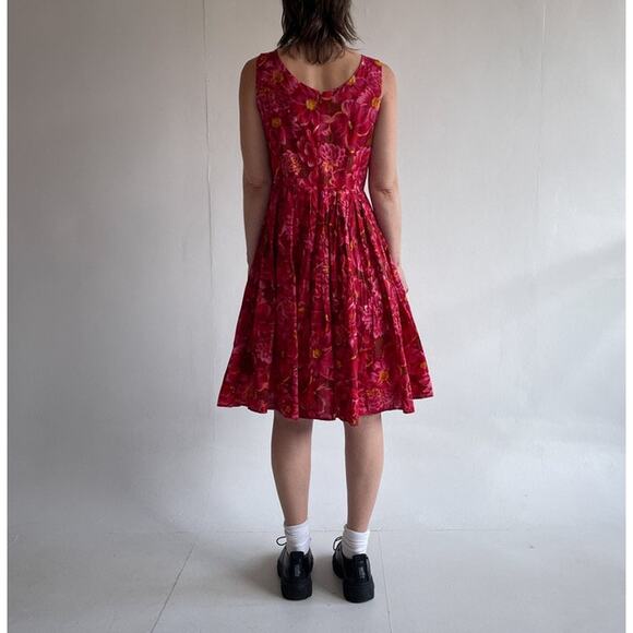 Vtg 90s Red Floral Sleeveless Pleated Cotton Dress Size 8 Retro 50's 60's Style - Picture 4 of 7